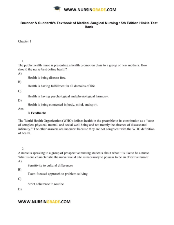 Brunner and Suddarths Textbook of Medical-Surgical Nursing 15th Edition Hinkle Test Bank