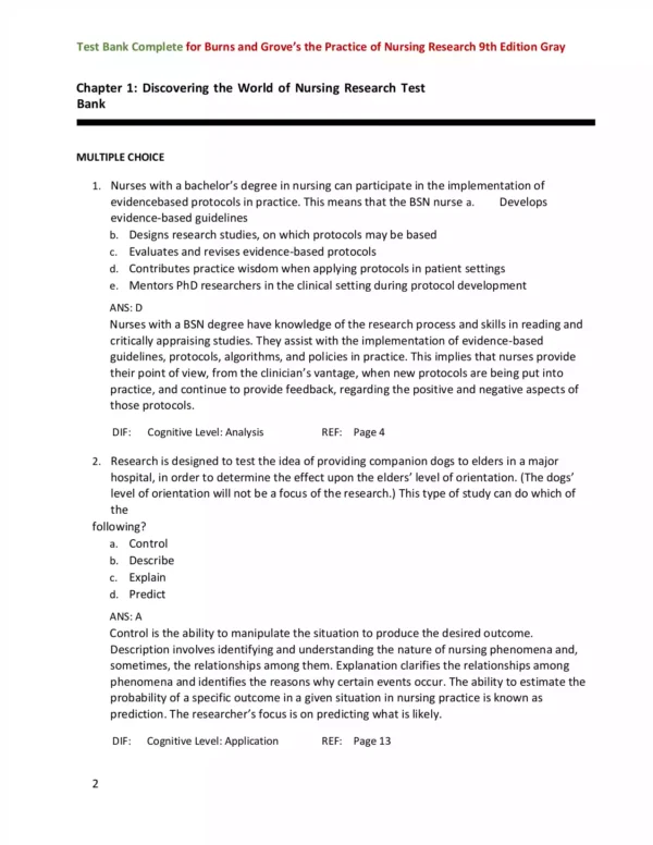 Burns and Groves the Practice of Nursing Research 9th Edition Gray Test Bank