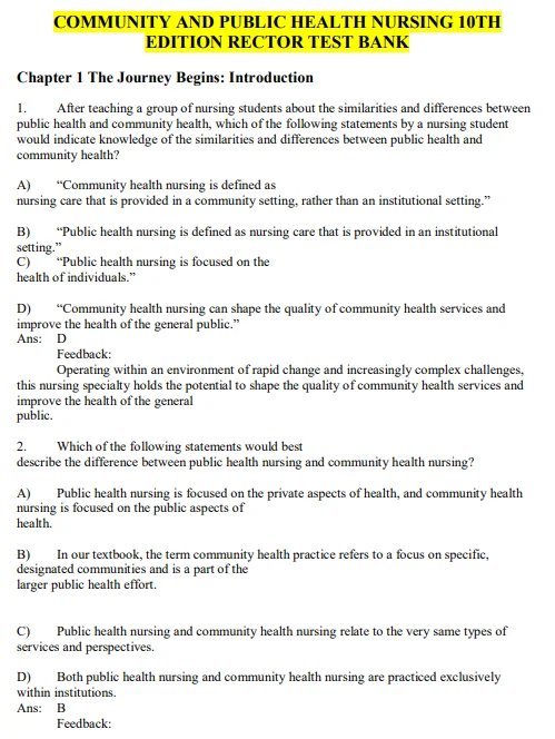 Community and Public Health Nursing 10th Edition Rector Test Bank