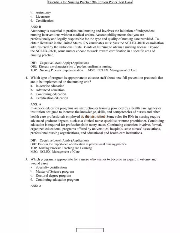 Essentials for Nursing Practice 9th Edition Potter Test Bank