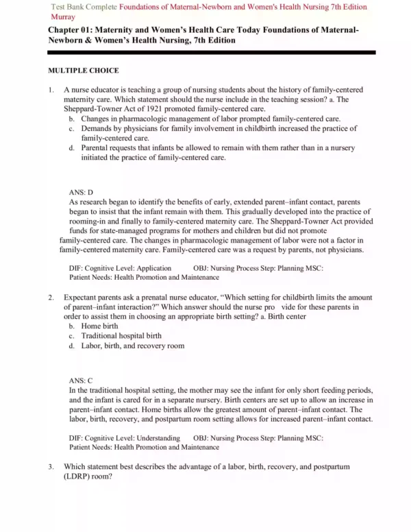 Foundations of Maternal-Newborn Nursing & Women's Health Nursing Test Bank Foundations of Maternal-Newborn Nursing & Women's Health Nursing Test Bank