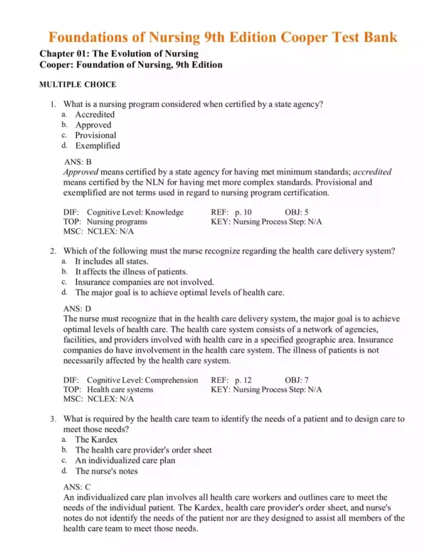 Foundations of Nursing 9th Edition Cooper Test Bank Foundations of Nursing 9th Edition Cooper Test Bank