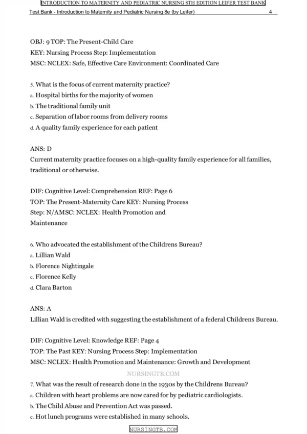 Introduction To Maternity And Pediatric Nursing 8th Edition Leifer Test bank