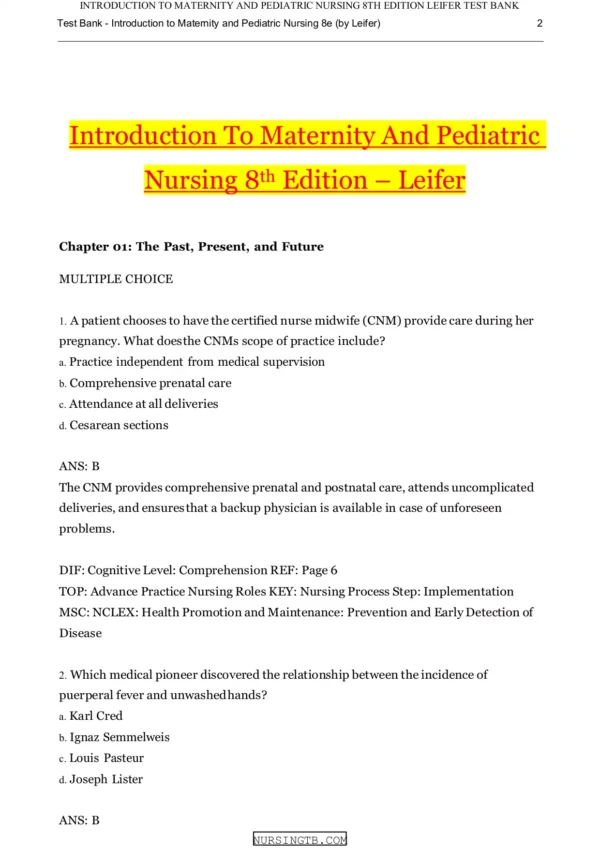 Introduction To Maternity And Pediatric Nursing 8th Edition Leifer Test bank