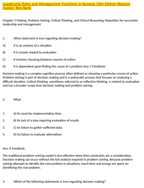 Leadership Roles and Management Functions in Nursing 10th Edition Marquis Huston Test Bank Leadership Roles and Management Functions in Nursing 10th Edition Marquis Huston Test Bank