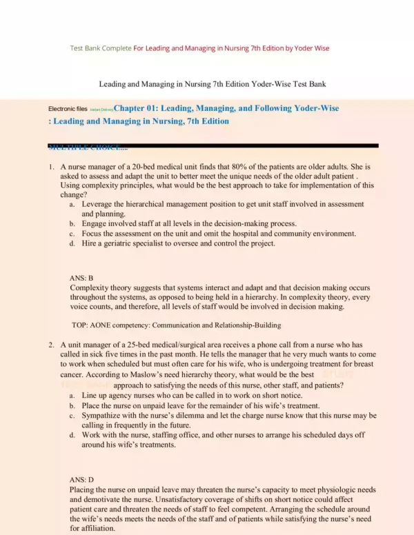 Leading And Managing In Nursing 7th Edition Yoder Wise Test Bank