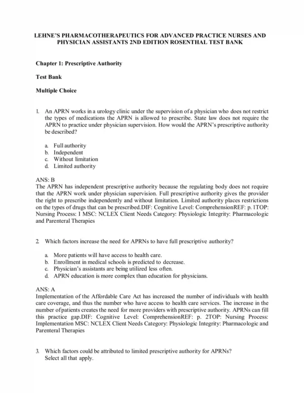 Lehne’s Pharmacotherapeutics for Advanced Practice Nurses and Physician 2nd Edition Test Bank