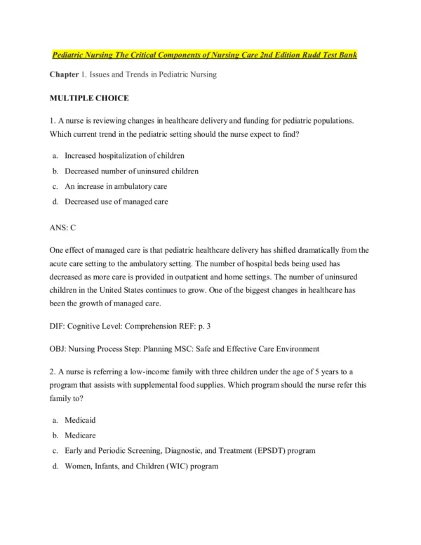 Pediatric Nursing The Critical Components of Nursing Care 2nd Edition Rudd Test Bank1 Pediatric Nursing The Critical Components of Nursing Care 2nd Edition Rudd Test Bank