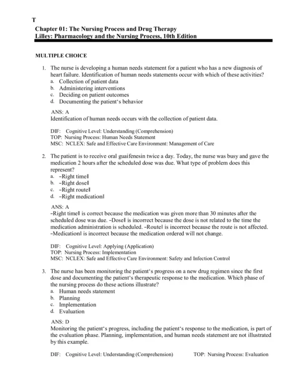 Pharmacology And The Nursing Process 10th Nursing Test Bank Prep Lilley