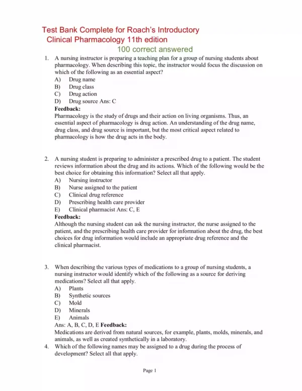 Roach’s Introductory Clinical Pharmacology 11th edition Test Bank Roach’s Introductory Clinical Pharmacology 11th edition Test Bank
