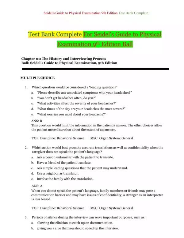 Seidel's Guide to Physical Examination 9th Edition Ball Test Bank