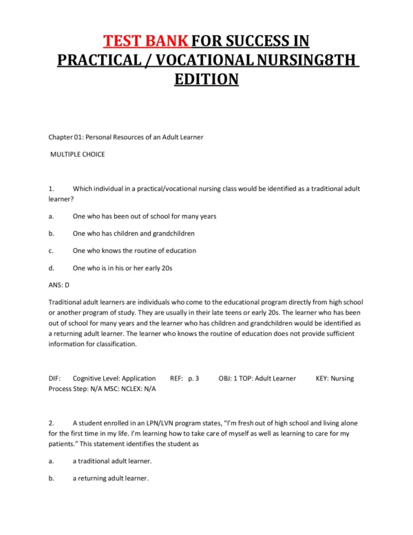 Success in Practical Vocational Nursing 8th Edition Test Bank