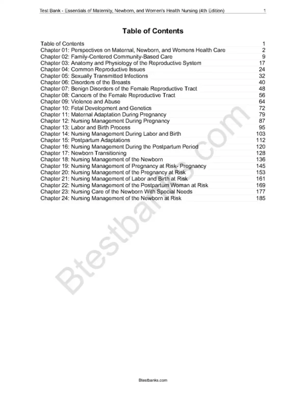 Test bank Essentials of Maternity Newborn and Womens Health Nursing 4th Edition1 Essentials of Maternity Newborn and Womens Health Nursing 4th Edition Test bank