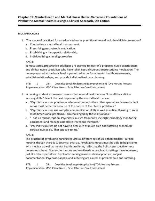 Varcarolis’ Foundations of Psychiatric-Mental Health Nursing 9th Edition Test Bank