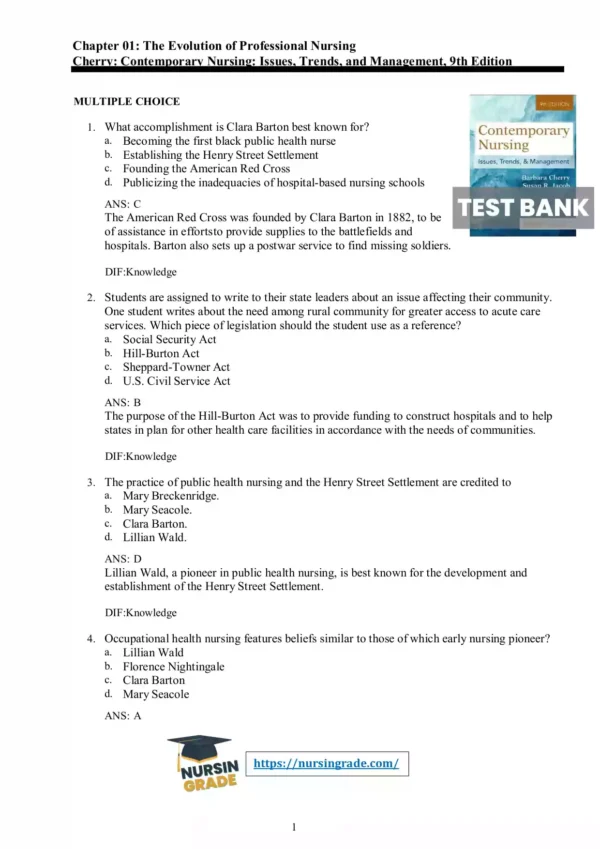 Contemporary Nursing Issues Trends and Management 9th Edition Barbara Cherry, Susan R. Jacob Test Bank
