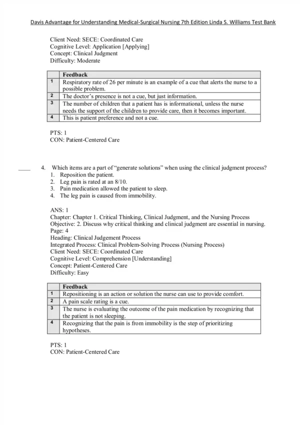 Davis Advantage for Understanding Medical-Surgical Nursing 7th Edition Linda S. Williams Test Bank Davis Advantage for Understanding Medical-Surgical Nursing 7th Edition Williams Test Bank