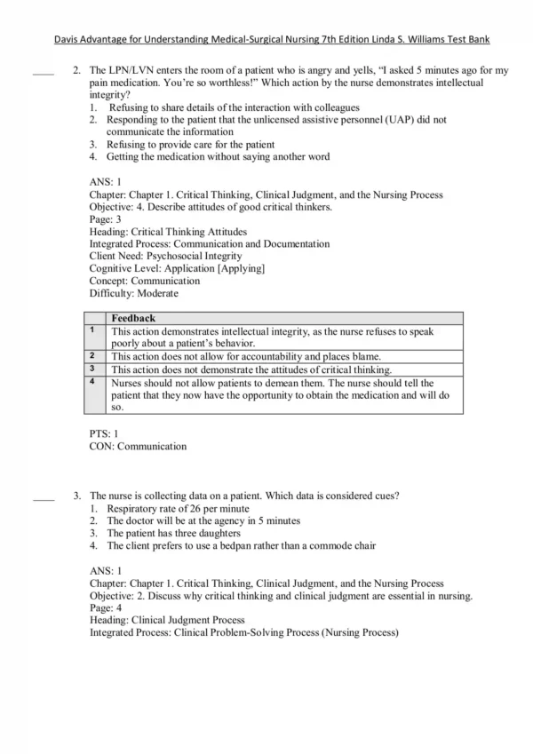 Davis Advantage for Understanding Medical-Surgical Nursing 7th Edition Linda S. Williams Test Bank Davis Advantage for Understanding Medical-Surgical Nursing 7th Edition Williams Test Bank