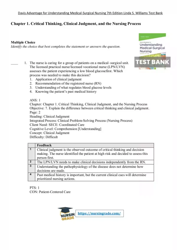 Davis Advantage for Understanding Medical-Surgical Nursing 7th Edition Linda S. Williams Test Bank Davis Advantage for Understanding Medical-Surgical Nursing 7th Edition Williams Test Bank