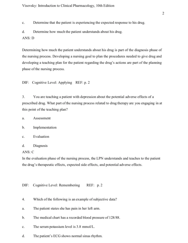 Introduction to Clinical Pharmacology 10th Edition Visovsky Test Bank