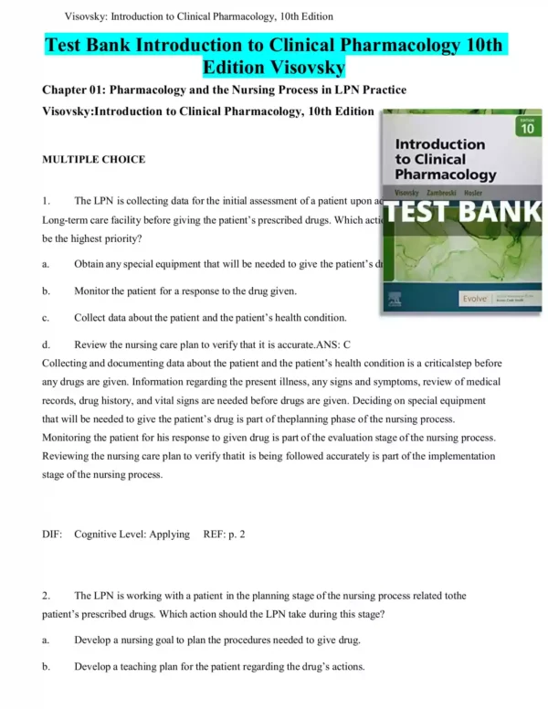 Introduction to Clinical Pharmacology 10th Edition Visovsky Test Bank