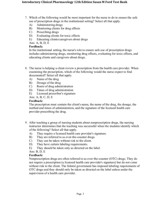 Introductory Clinical Pharmacology 12th Edition Susan M Ford Test Bank