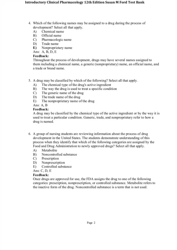 Introductory Clinical Pharmacology 12th Edition Susan M Ford Test Bank
