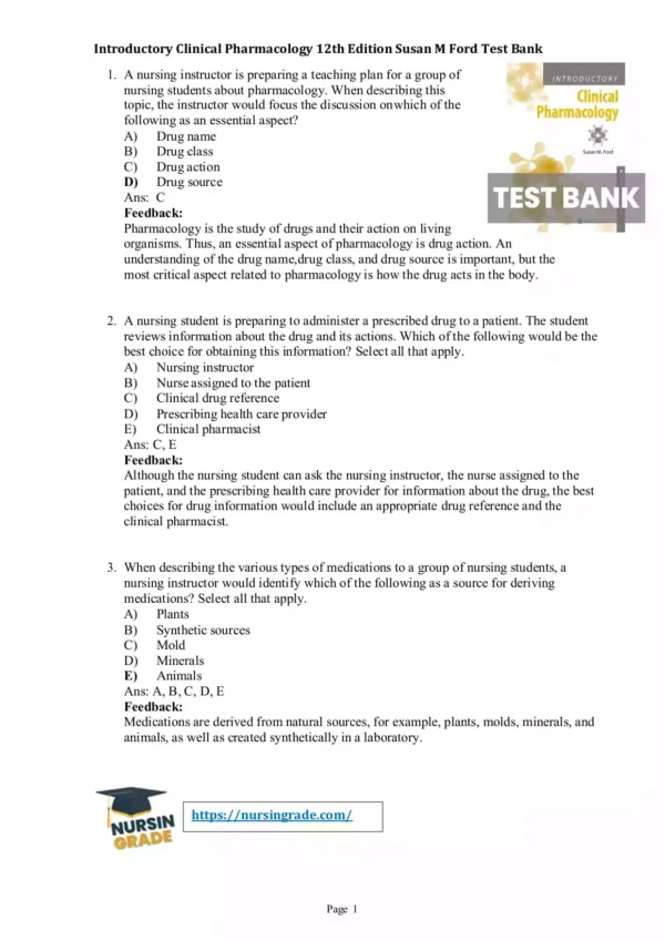 Introductory Clinical Pharmacology 12th Edition Susan M Ford Test Bank