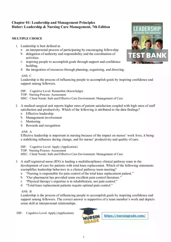 Leadership and Nursing Care Management 7th Edition Lindell Joseph, Diane Huber Test Bank Leadership and Nursing Care Management 7th Edition Lindell Joseph, Diane Huber Test Bank