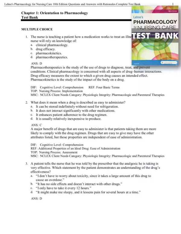 Lehne's Pharmacology For Nursing Care 10th Edition Burchum Test Bank Lehne's Pharmacology For Nursing Care 10th Edition Burchum Test Bank