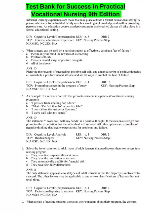 Success In Practical Vocational Nursing From Student To Leader 9th Edition Knecht Test Bank