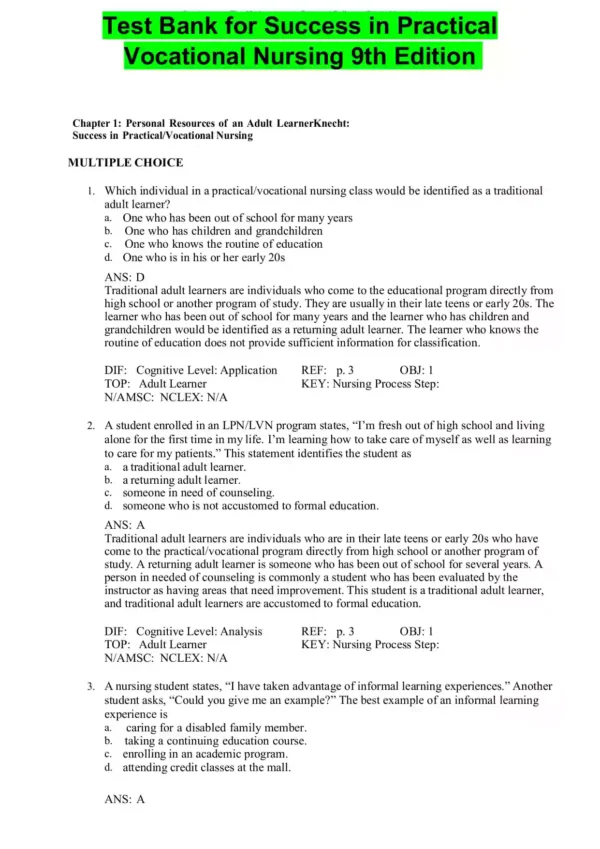 Success In Practical Vocational Nursing From Student To Leader 9th Edition Knecht Test Bank