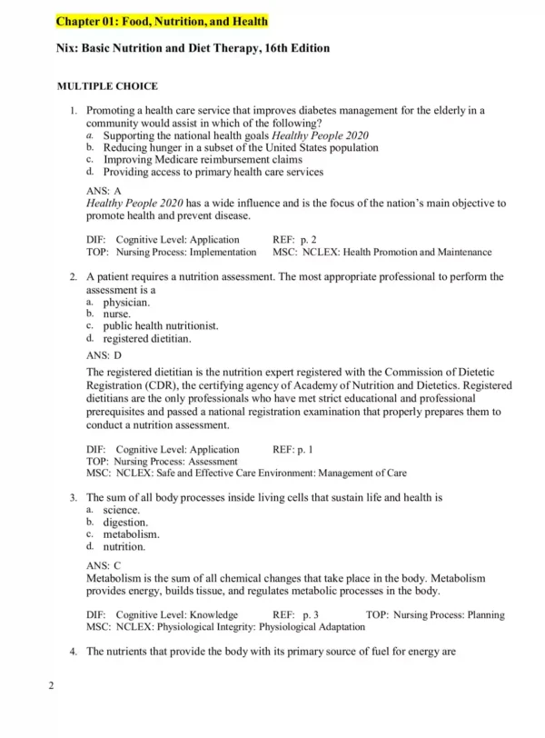 Williams Basic Nutrition and Diet Therapy 16th Edition Test Bank Williams Basic Nutrition and Diet Therapy 16th Edition Test Bank