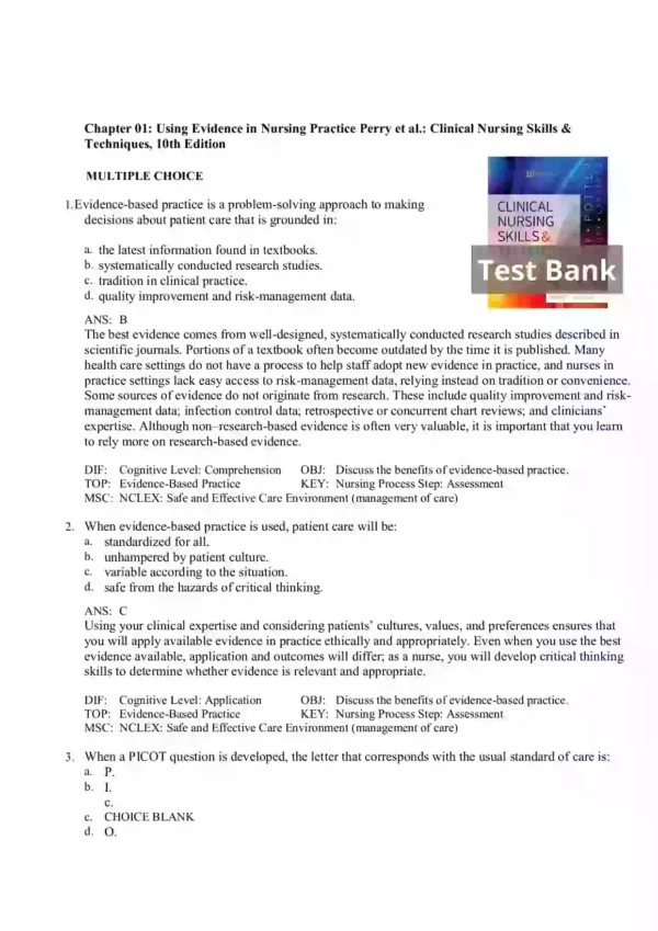 Clinical Nursing Skills and Techniques 10th Edition by Anne Griffin Perry Test Bank