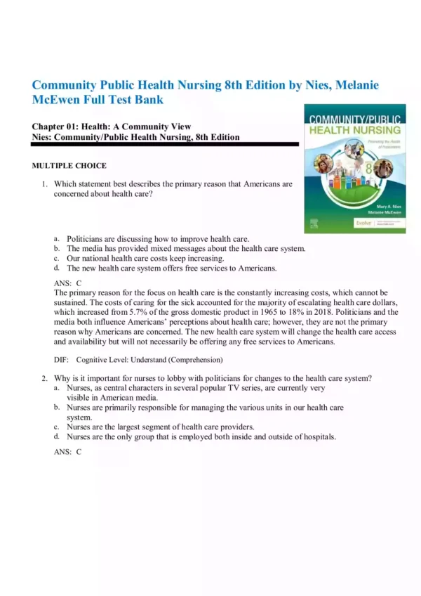 Community Public Health Nursing 8th Edition by Nies, Melanie McEwen Test Bank1 Community Public Health Nursing 8th Edition by Nies Melanie McEwen Test Bank