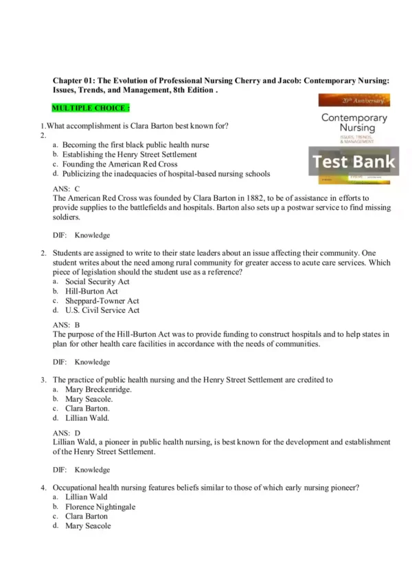 Contemporary Nursing 8th Edition by Barbara Cherry Test Bank