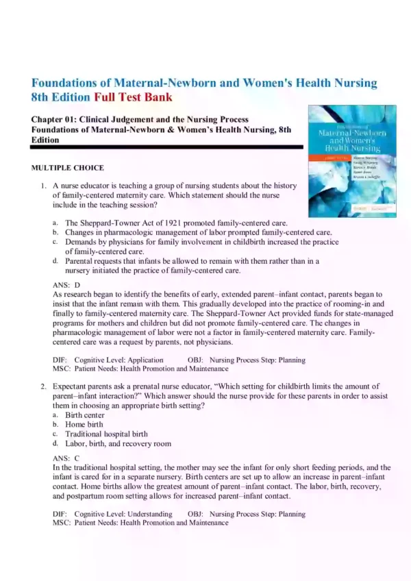 Foundations of Maternal-Newborn and Women's Health Nursing 8th Edition Test Bank1 Foundations of Maternal-Newborn and Women's Health Nursing 8th Edition Test Bank
