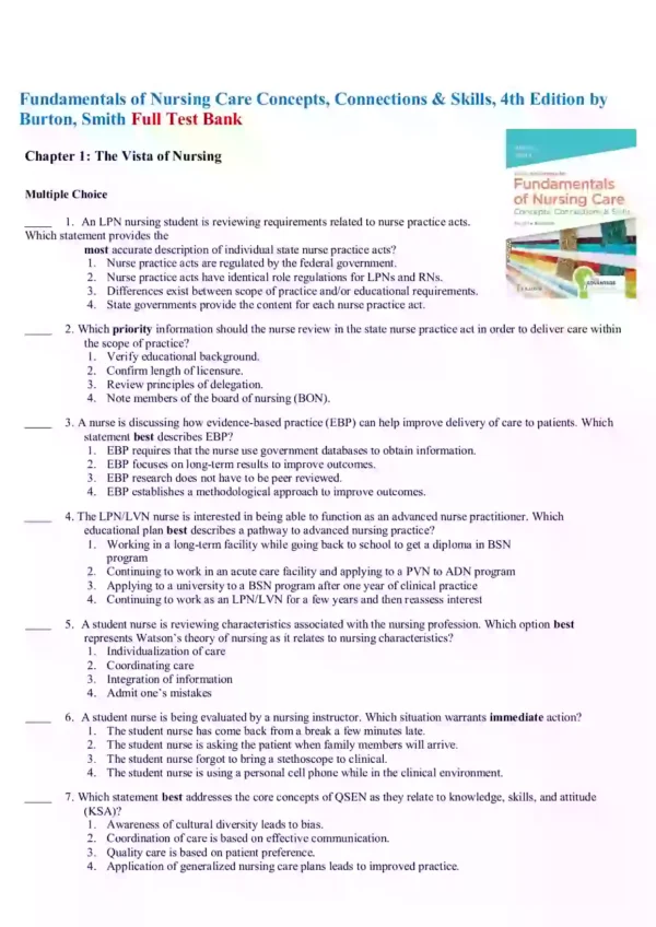 Fundamentals of Nursing Care Concepts Connections & Skills 4th Edition by Burton and Smith Test Bank