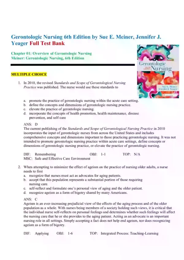 Gerontologic Nursing 6th Edition by Sue E. Meiner, Jennifer J. Yeager Test Bank1 Gerontologic Nursing 6th Edition by Sue E. Meiner Jennifer J. Yeager Test Bank