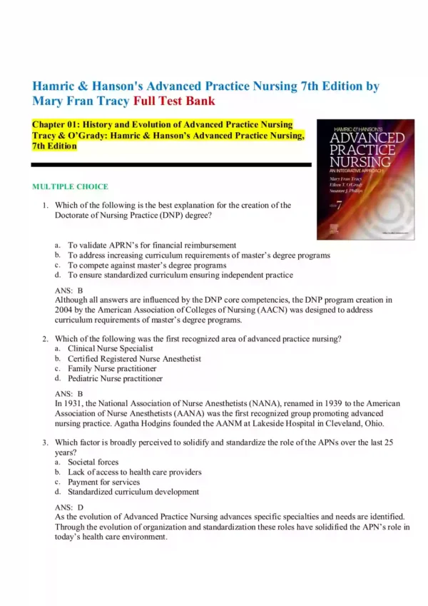 Hamric & Hanson's Advanced Practice Nursing 7th Edition by Mary Fran Tracy Test Bank1 Hamric & Hanson's Advanced Practice Nursing 7th Edition by Mary Fran Tracy Test Bank