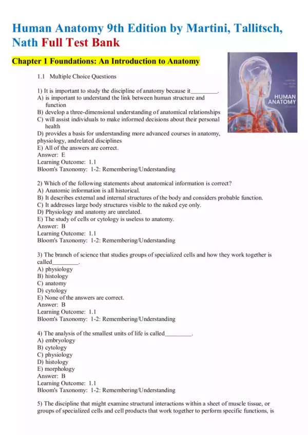 Human Anatomy 9th Edition by Martini, Tallitsch, Nath Test Bank