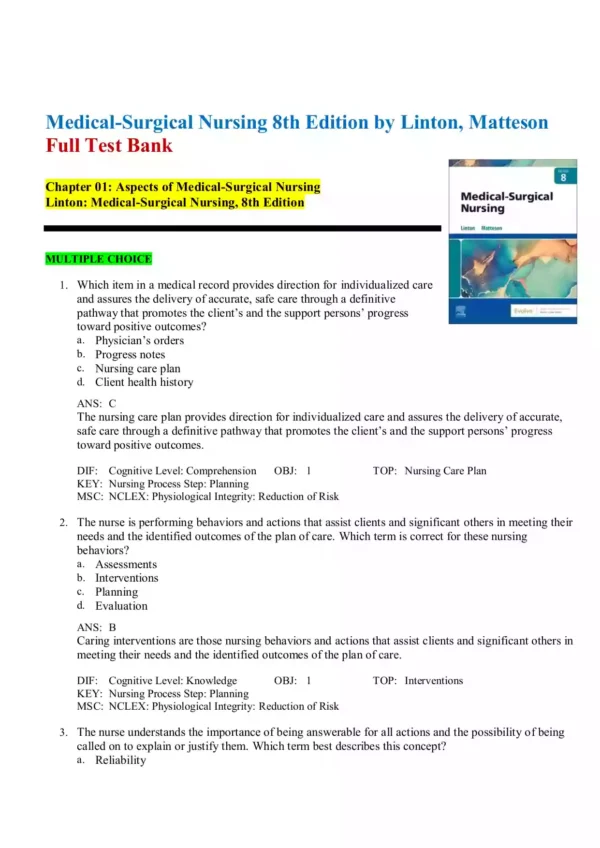 Medical-Surgical Nursing 8th Edition by Linton, Matteson Test Bank1 Medical-Surgical Nursing 8th Edition by Linton and Matteson Test Bank