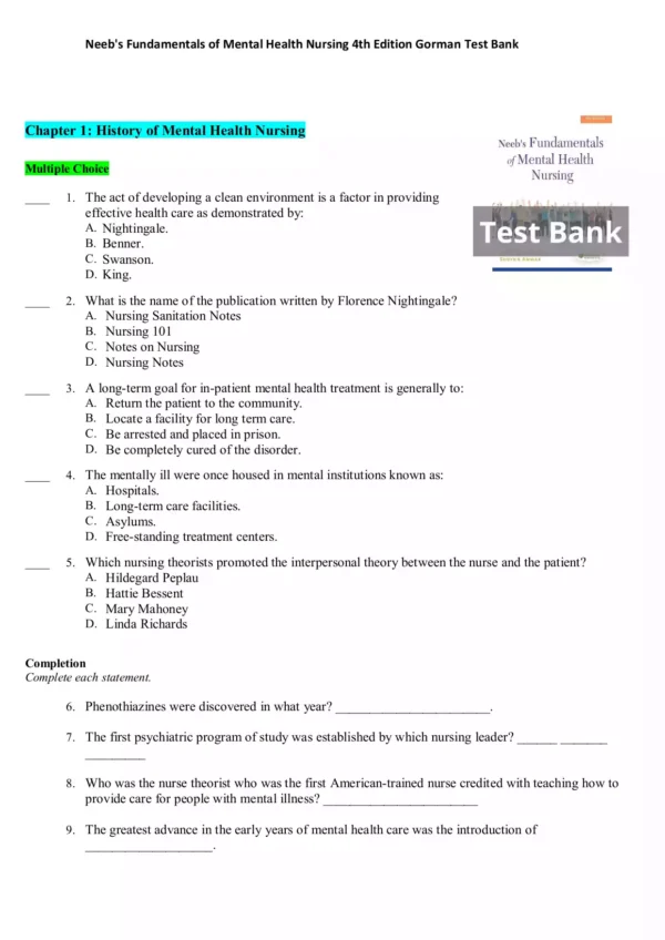 Neeb's Fundamentals of Mental Health Nursing 4th Edition Gorman Test Bank
