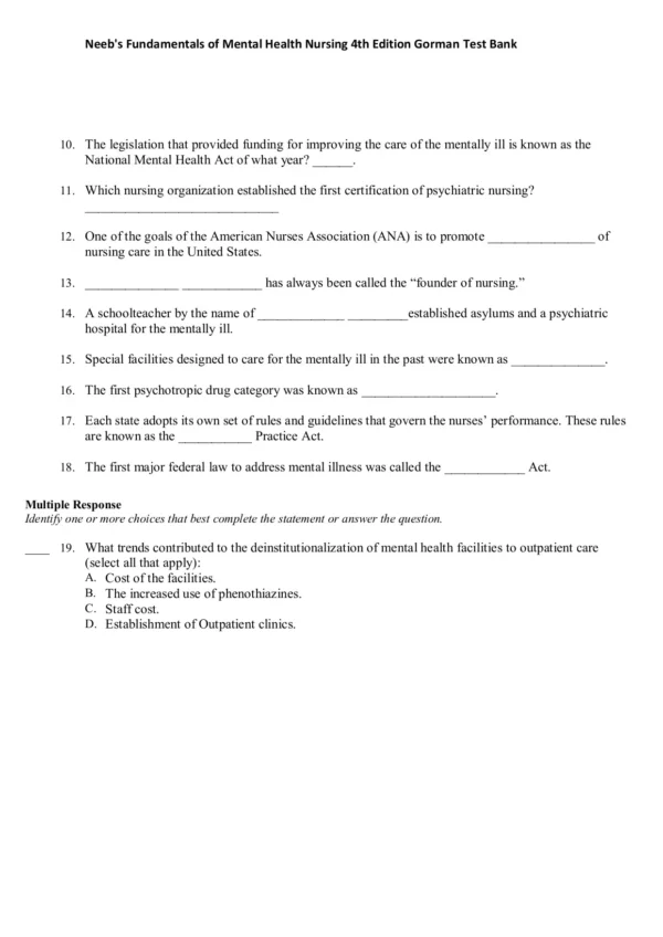 Neeb's Fundamentals of Mental Health Nursing 4th Edition Gorman Test Bank