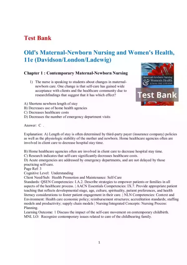 Olds' Maternal-Newborn Nursing & Women's Health Across the Lifespan 11th  Edition Test Bank