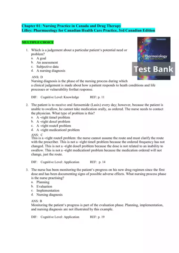 Pharmacology for Canadian Health Care Practice 3rd Edition Lilley Test Bank