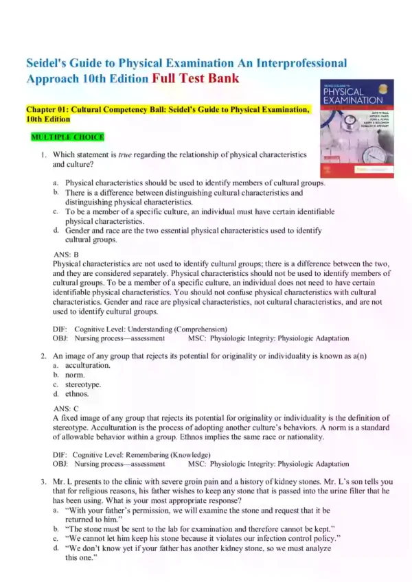 Seidel's Guide to Physical Examination An Interprofessional Approach 10th Edition Test Bank