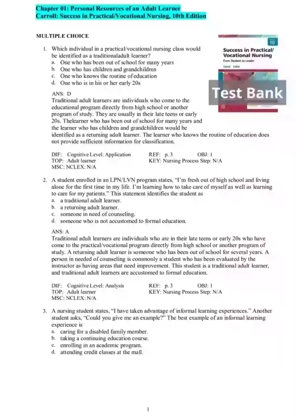 Success in Practical Vocational Nursing 10th Edition Carrol Collier Test Bank