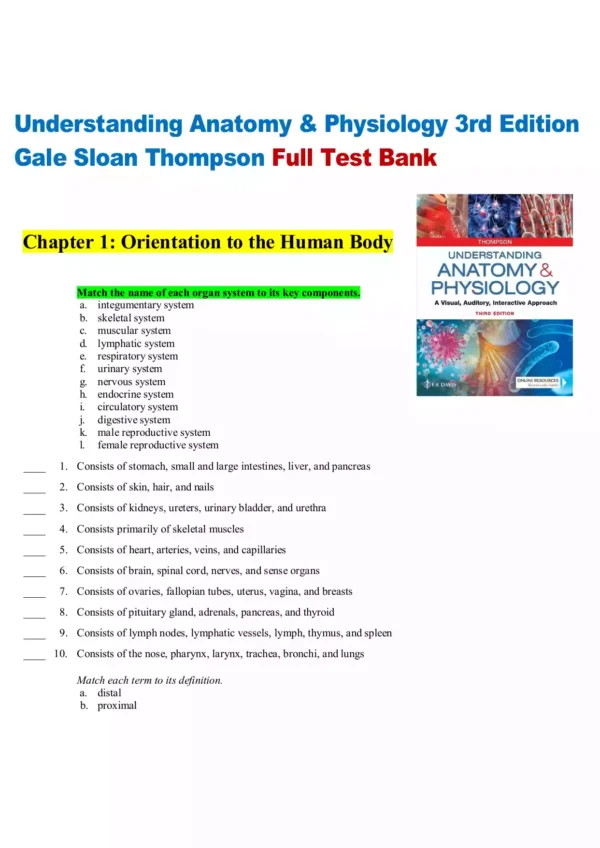 Understanding Anatomy & Physiology 3rd Edition Gale Sloan Thompson Test Bank1 Understanding Anatomy & Physiology 3rd Edition Gale Sloan Thompson Test Bank