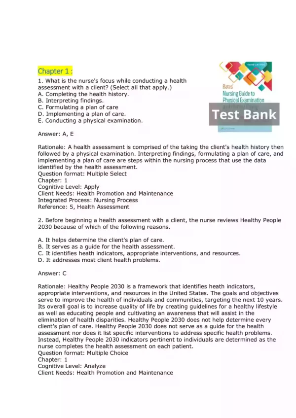 Bates' Nursing Guide to Physical Examination and History Taking 3rd Edition Test Bank