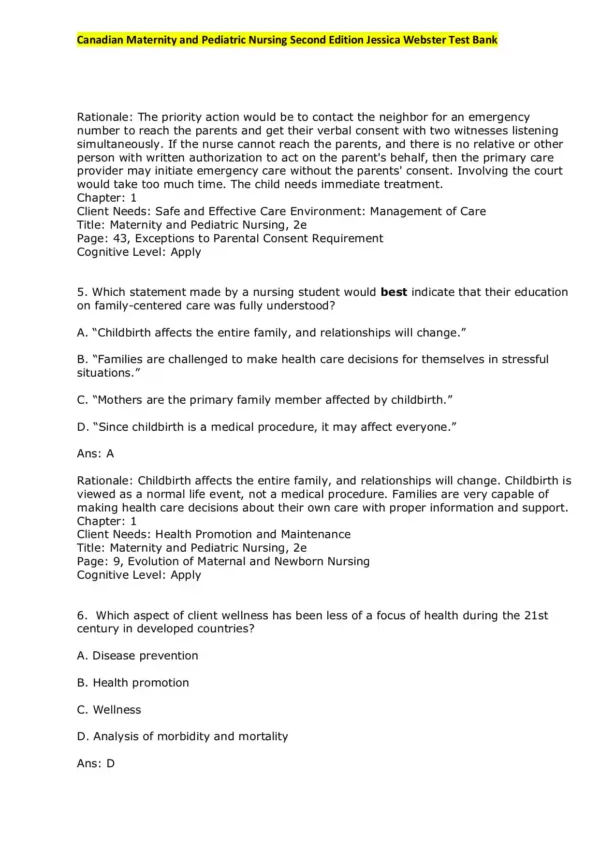 Canadian Maternity and Pediatric Nursing Second Edition Jessica Webster Test Bank